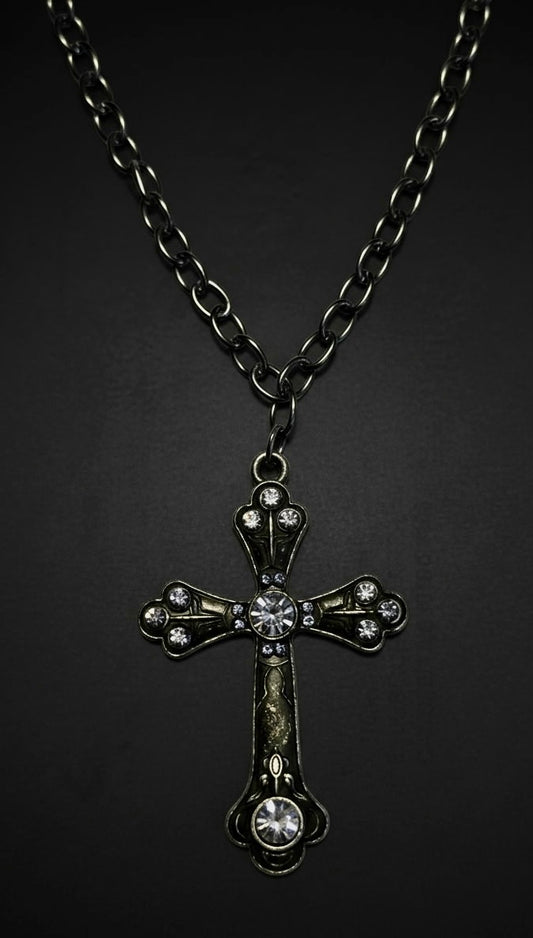 Black Elegant Cross Necklace with Purple Rhinestones Large Cross Gothic Style